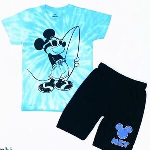 0438 NWT Disney Mickey Mouse Surf Boy’s Blue and Black Tye Dye T-Shirt Set